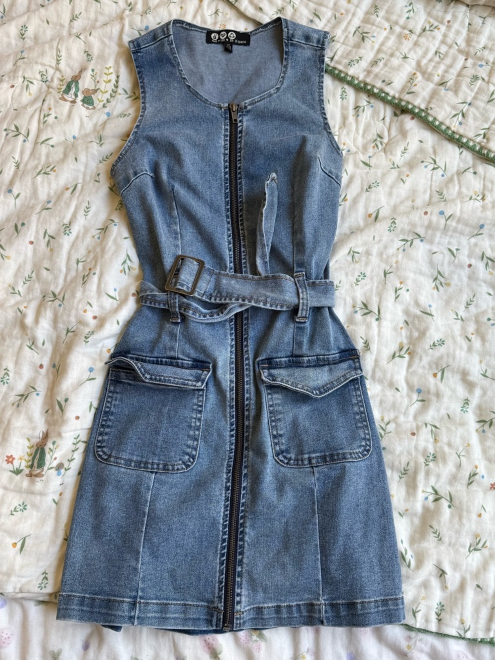 Rewash Blue Denim Zip-Front Belted Mini Dress